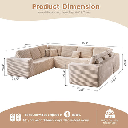HOOOWOOO Cloud Sectional Couches for Living Room,Modular Sectional Sofa No Assembly,136X110 Inch Plush Corduroy Large U Shaped Floor Couch Set with Deep Seat(Beige)