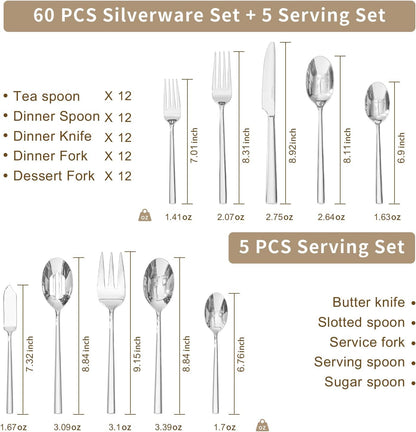 KINGSTONE Silverware Set with Serving Utensils, 65-Piece Forged Flatware Set Cutlery Set Premium Stainless Steel, Service for 12, for Kitchen, Home, Wedding, Party, Mirror Polished and Dishwasher Safe