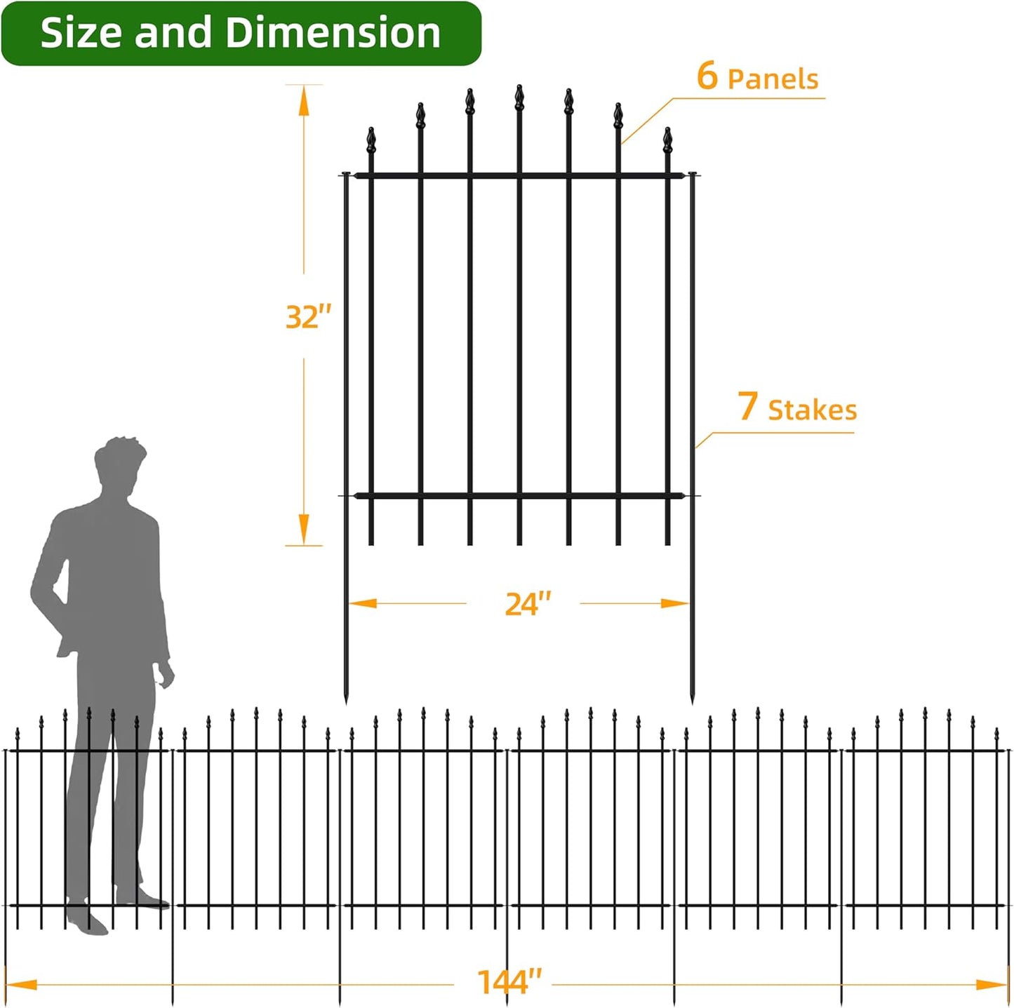 Metal Garden Fence 32 in H x 12 ft L, 6 Panels + 7 Stakes Border Dog Fence Panels Animal Barrier, No Dig Garden Fencing for Yard Patio Flower Bed Lawn Outdoor, Arch Black