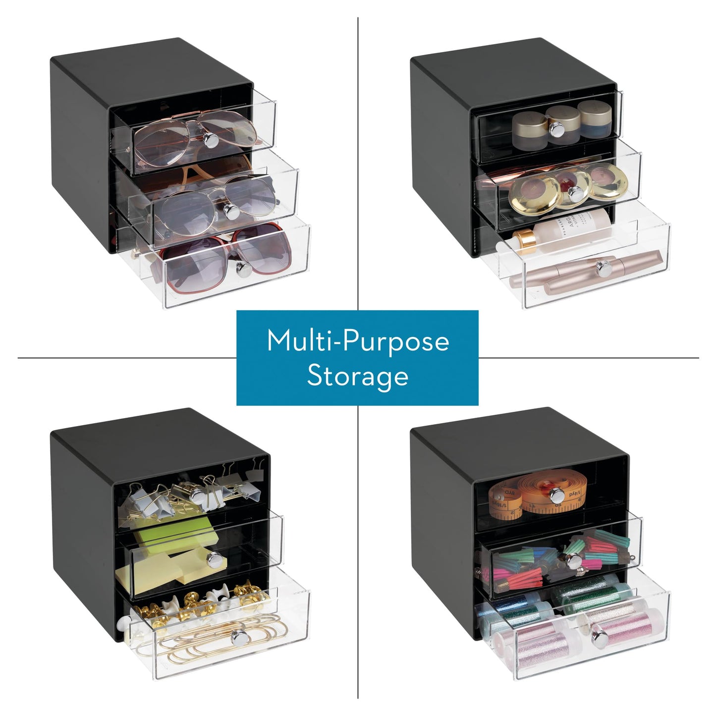 iDesign Divided 3-Drawer Stackable Organizer for Glasses, Sunglasses, and Readers - Black/Clear