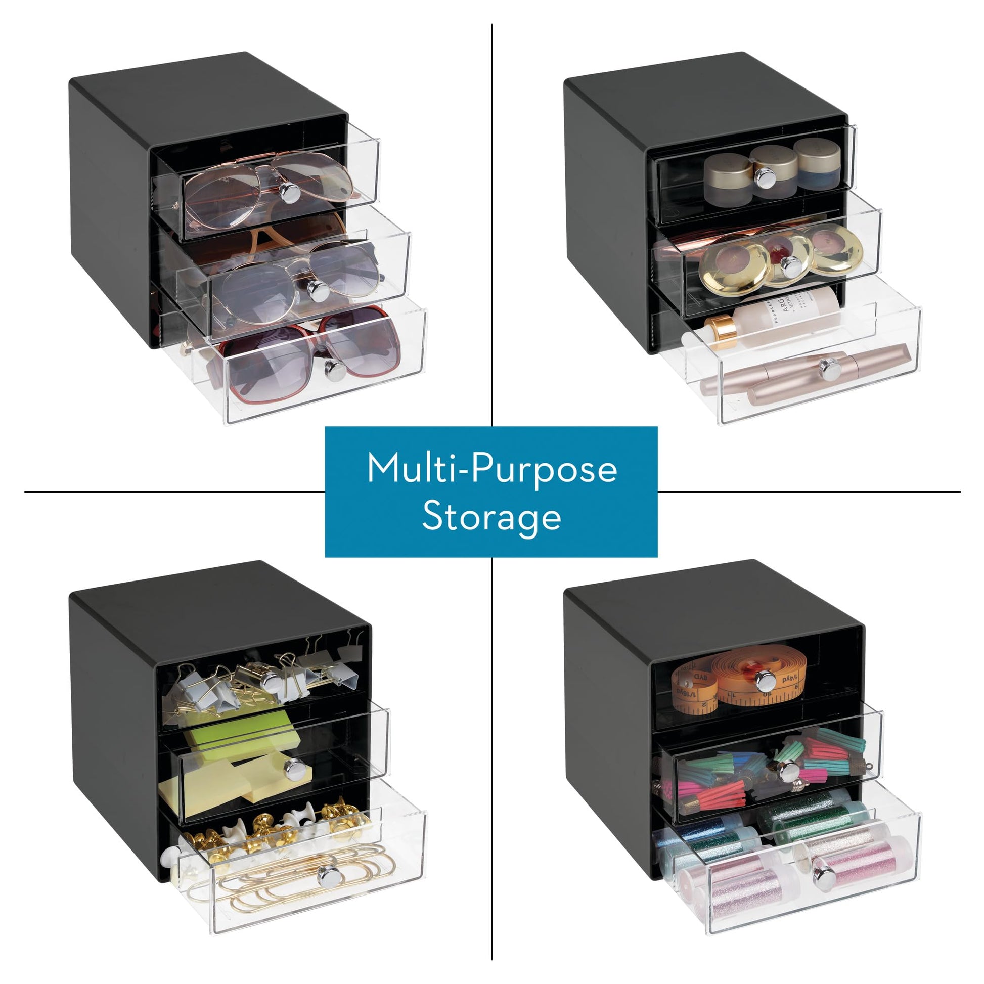 iDesign Divided 3-Drawer Stackable Organizer for Glasses, Sunglasses, and Readers - Black/Clear