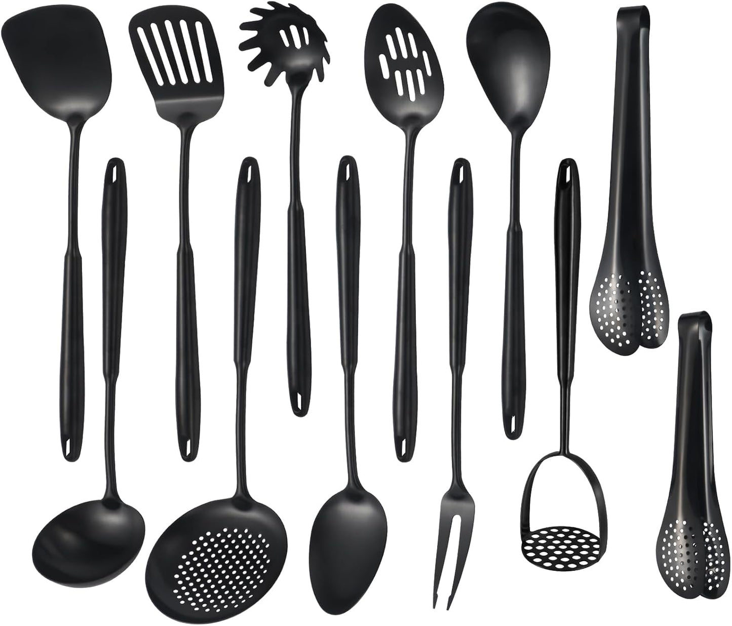 304 Stainlss Steel Matte Kitchen Utensils Set, 12 Pcs Long Metal Cooking Utensil Gadgets Tools Set with Spatula, Ladle, Spoon, Ladle, Skimmer, Tunner, Pasta Server, Tongs(Black, Dishwasher Safe)