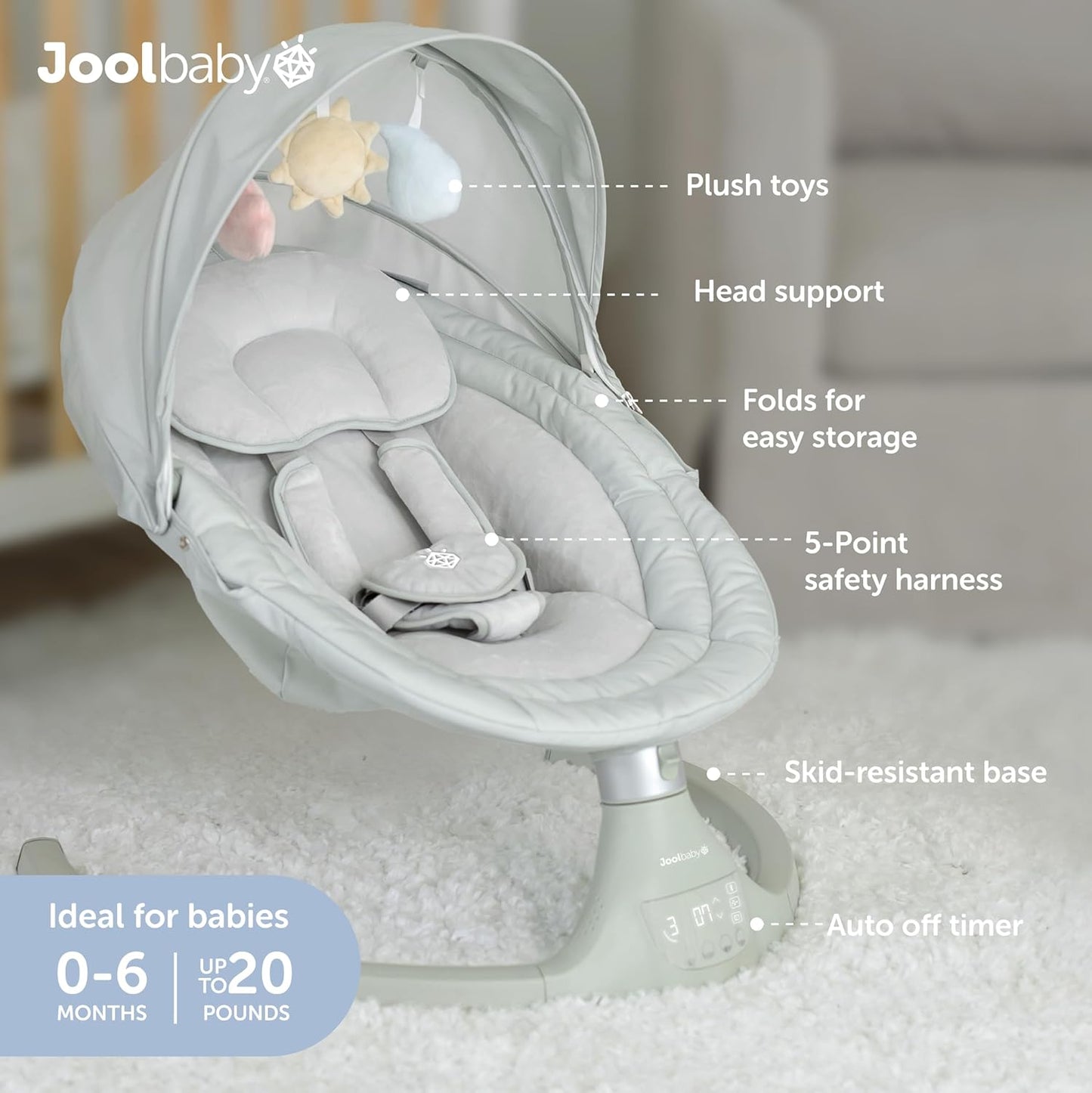Jool Baby Nova Swing for Newborns - Electric Motorized Infant Swing, Bluetooth Music, 10 Preset Melodies, Remote (2025 Model) (Sage)