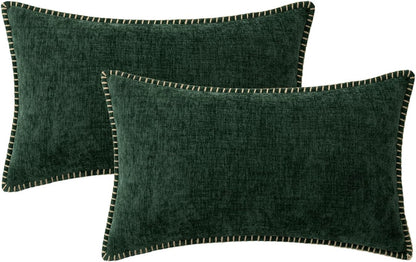 MIULEE Pack of 2 Christmas Pillow Covers 12x20 Inch Dark Green Farmhouse Decorative Throw Pillow Covers with Stitched Edge Soft Chenille Solid Dyed Couch Pillow Covers for Sofa Bed Living Room