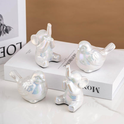Colorful White Loving Pair of Small Elephant Statues Silver Home Decor Modern Boho Style Figurine Decorative Ornaments for Living Room, Bedroom, Office Desktop, Cabinets, Shelf