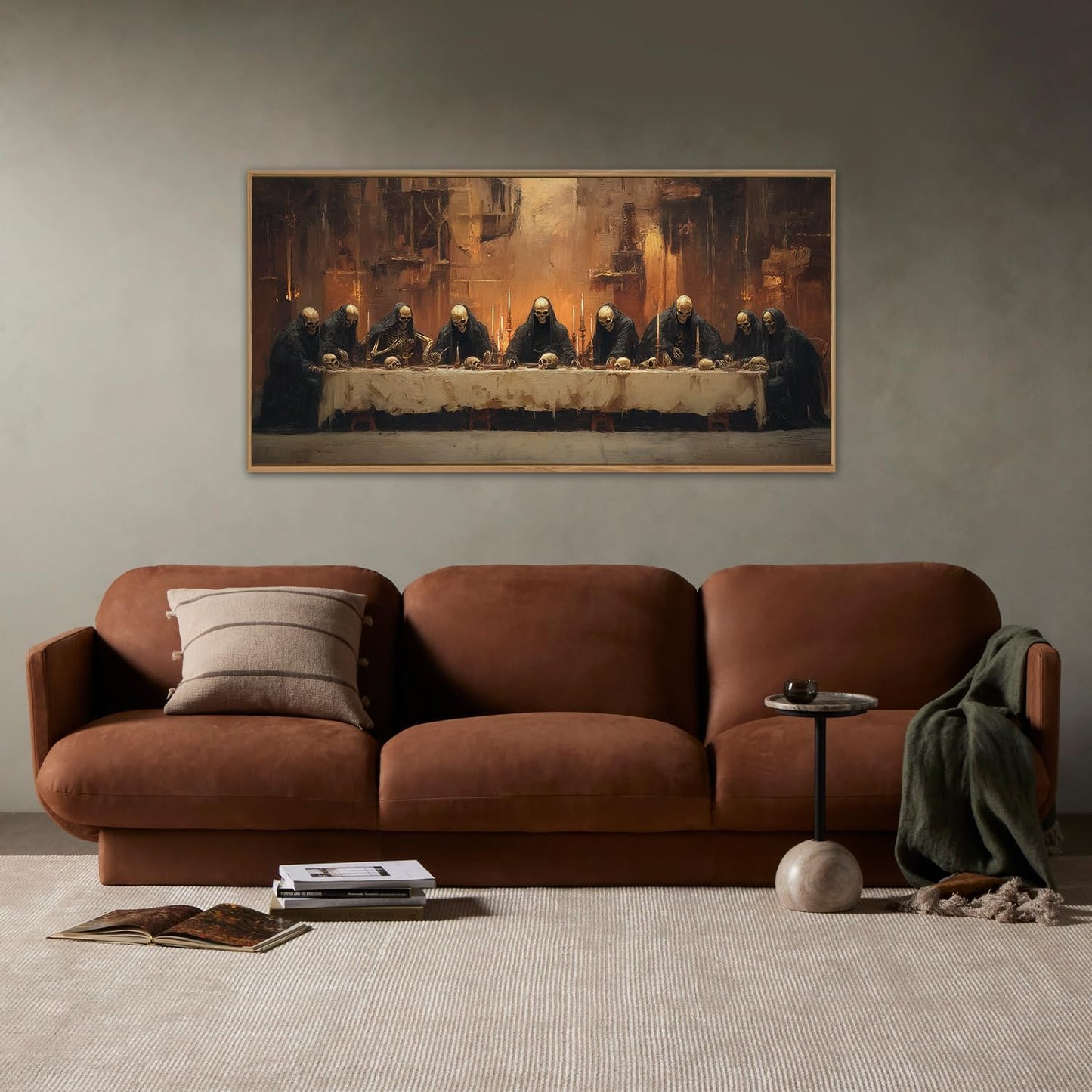 KAIRNE Framed Skeleton Canvas Wall Art,Abstract Retro Skull Print Set of 1(40”X20”),Scary Halloween Pictures,Horror Wall Art,Skeleton Last Supper Posters for Living Room Bedroom Ding Room Office Decor