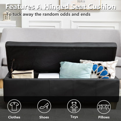 51 Inch Black Faux Leather Ottoman with Storage, Rectangular Extra Long Bench, End of Bed Bench with Large Storage for Bedroom, Living Room