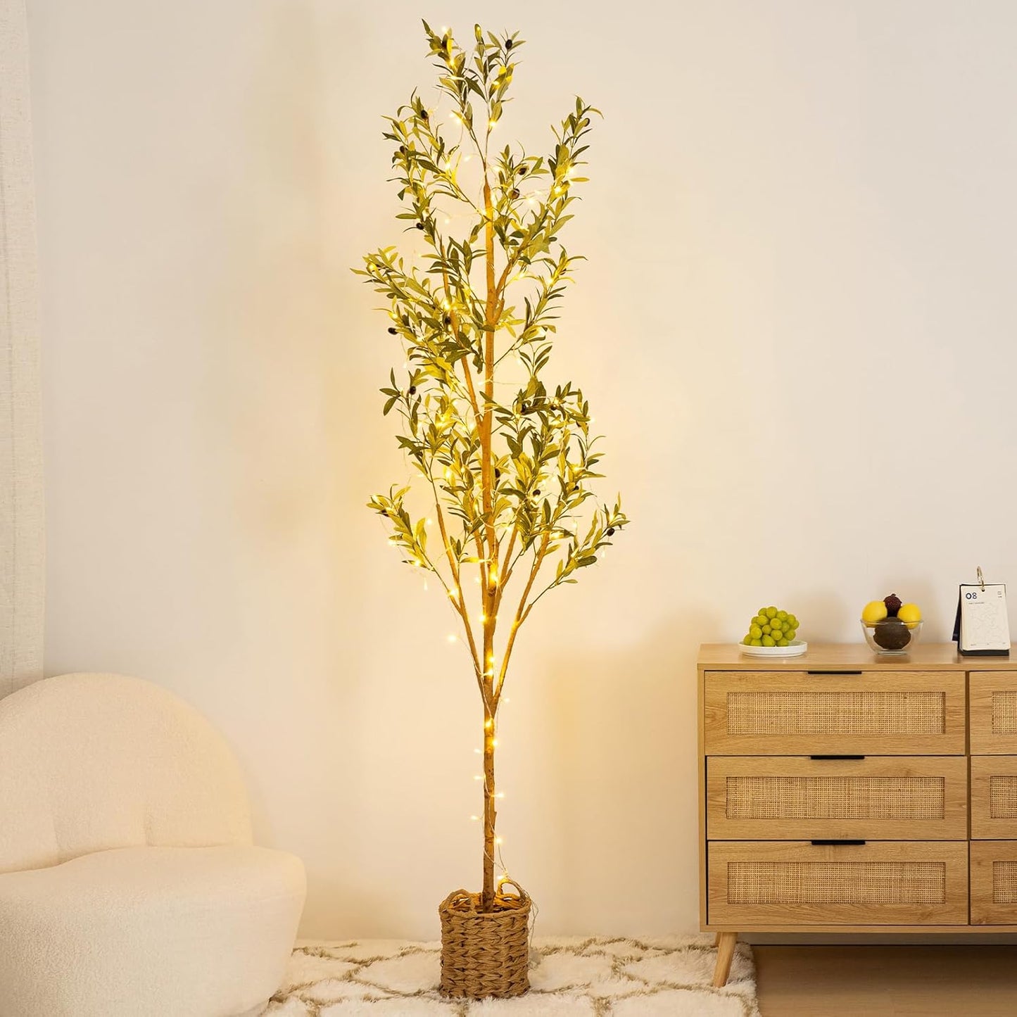7ft Artificial Olive Tree with LED Fairy Lights & Woven Planter - Lifelike Faux Silk Plant with Realistic Leaves & Fruits and Natural Trunk for Indoor Home Office Living Room Bedroom Foyer Decor