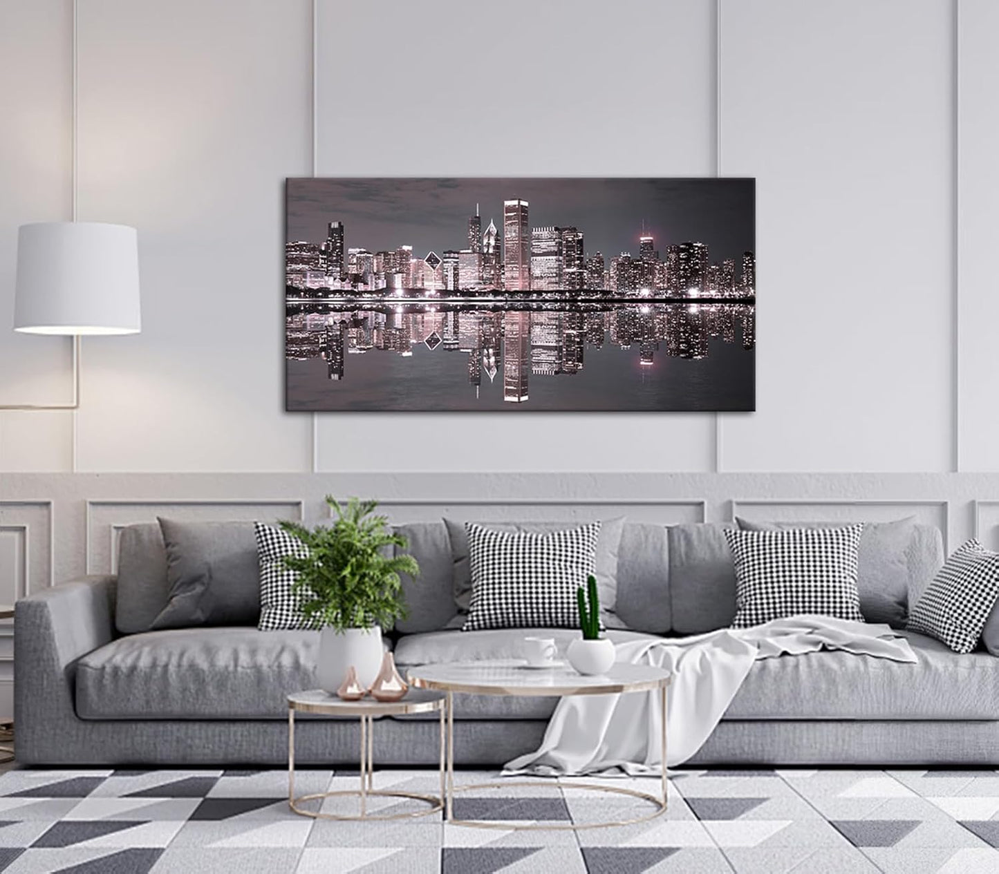 Conipit Chicago Wall Art Chicago Skyline Artwork City Night Downtown Picture Cityscape Painting Framed for Bedroom Home Office Decor 24"x48"