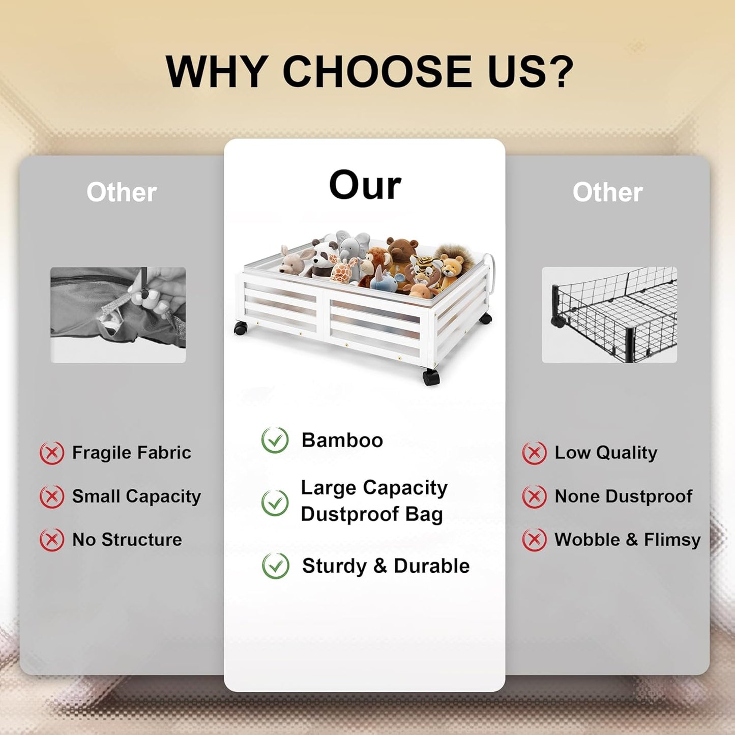 Under Bed Storage with Wheels-Large Bamboo Underbed storage Containers with Large Dust Bag Stackable Under the Bed Shoe Storage Bins for Clothes Books Bedding (2 Packs White, 23.62"L×16.54"W× 6.51"H)