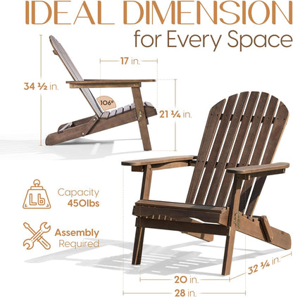 IDZO Outdoor Wooden Folding Adirondack Chair Set of 2 with Pre-Assembled BackRest, Wood Patio Chair for Garden Backyard Porch Pool Deck Firepit