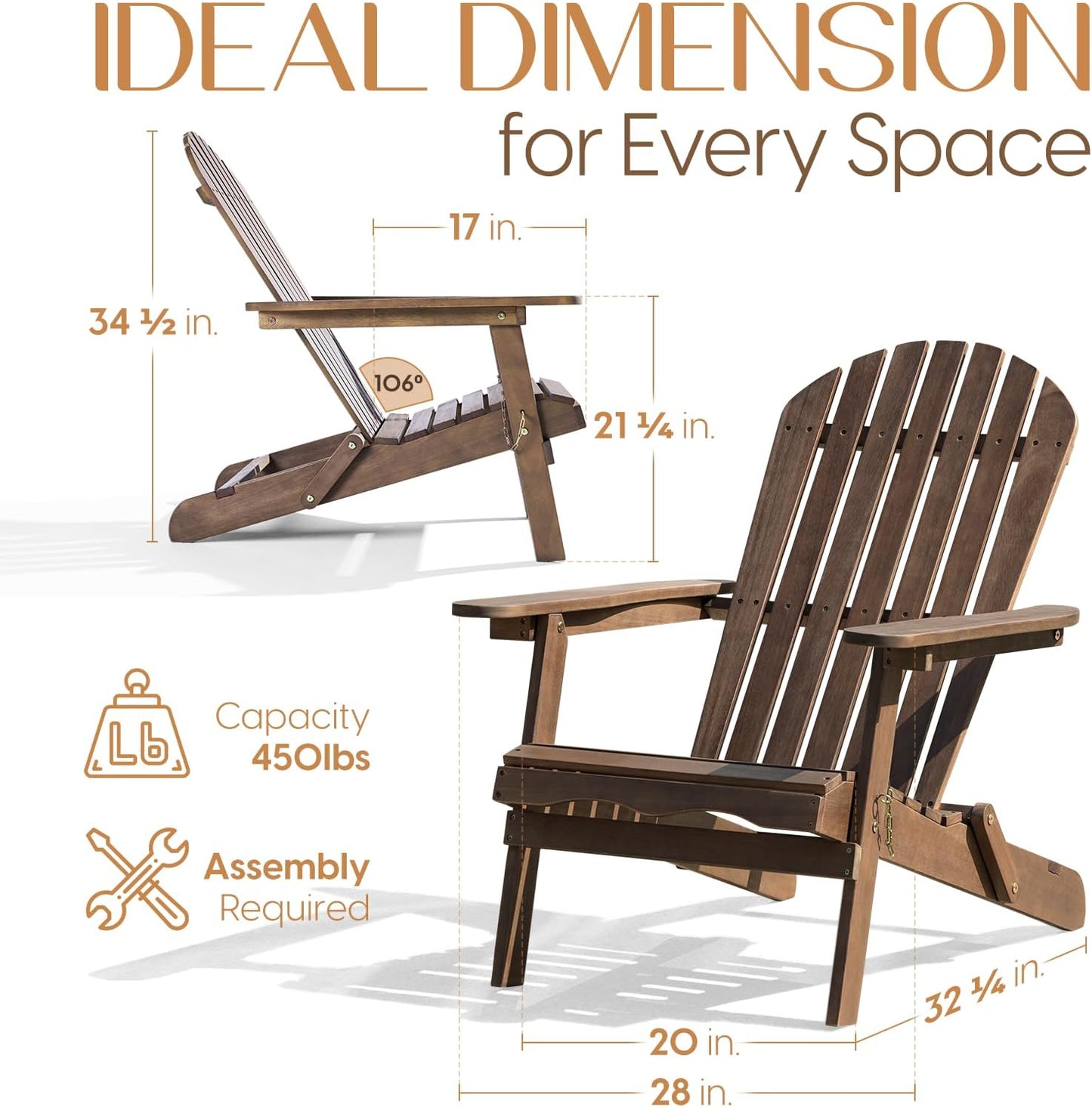 IDZO Outdoor Adirondack Chair Set of 2, Pre-Assembled Backrest, Patio Furniture Set, Outdoor Furniture for Garden, Porch, Deck, Firepit