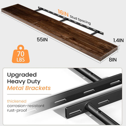 55 Inch Floating Shelves for Wall, Elm Wood Floating Shelves for Home Décor, Wall-Mounted Display Shelves with Heavy-Duty Bracket, Live Edge Long Floating Shelf for Kitchen, Living Room, Walnut