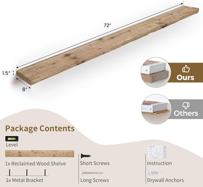 72 inch Floating Shelves for Wall, 8" Deep Rustic Reclaimed Barnwood Shelves, Floating Shelf Wall Hanging Shelves with Invisible Heavy-Duty Metal Bracket | Wall Mounted | Farmhouse Style, 1PC,Natural