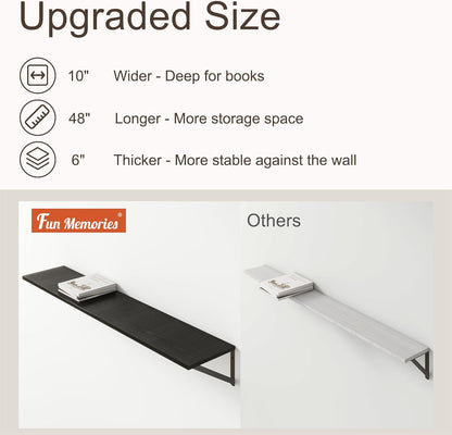Floating Shelves 48 Inch Long, 10" Deep Floating Shelves, Black Wall Shelves 48 x 10, Set of 2, Wide Large Display Storage Shelves for Bathroom, Living Room, Rustic Wood Shelves with Brackets