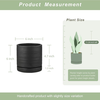 6 Inch Plant Pots, Ceramic Planter Pot with Drainage Hole & Saucer, Indoor/Outdoor Cylinder Round Planter Pot, Matte Black