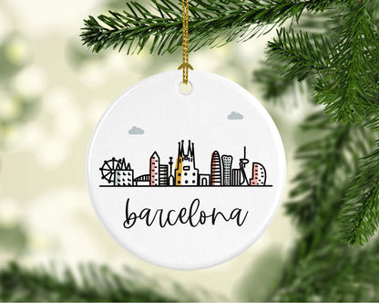 Andaz Press Round Ceramic Porcelain Christmas Tree Ornament Keepsake Gift, Barcelona, Colorful International City Skyline Graphic 1-Pack Birthday Family Coworker, Gift Box Barcelona Christmas Ornament