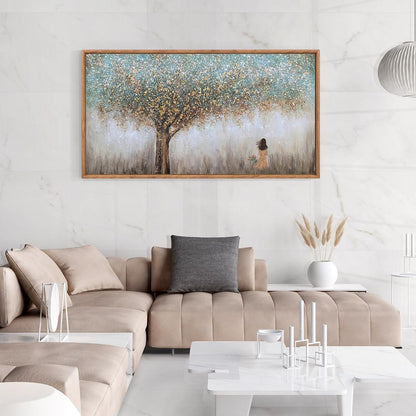 Aurlan Tree of Life Hand Painted Framed Wall Decor(40"x20"), Large Abstract Girl under Tree Oil Painting Canvas Artwork, Modern Nature Landscape Art for Office Living Room Bedroom