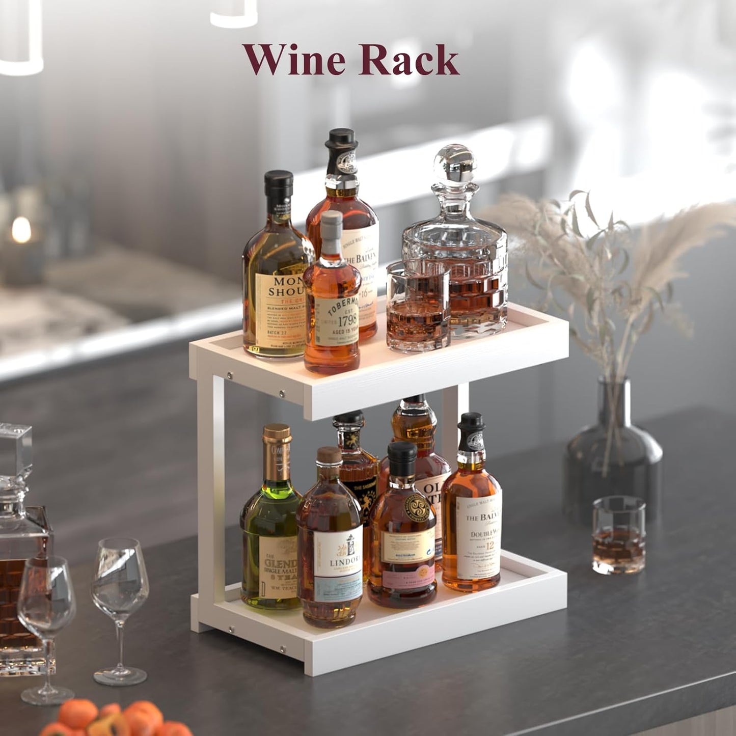 MARTY 2 Tier 15.75"x8.9" Large Countertop Shelf Organizer Spice Rack, Coffee Station Organizer for Mugs Cups, Wooden Shelf Desktop Storage Organizer for Kitchen Bathroom Home Office (White)