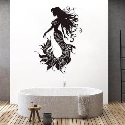 Veplsur Mermaid Metal Wall Art, Metal Mermaid Wall Decor, Marine Biology Wall Decor, Ocean Wall Art, Nautical Wall Hanging, Beach Hanging for Bathroom Bedroom (Black, 41"x29"|105x75cm)