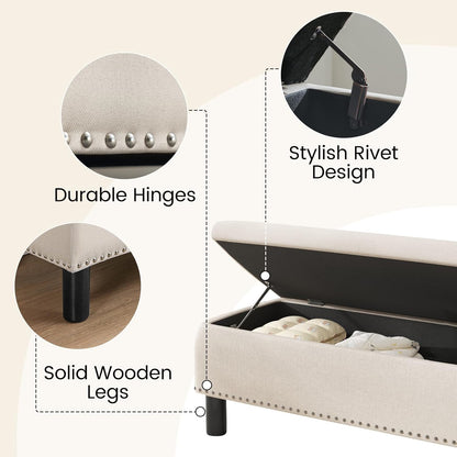 Furniliving 42” Ottoman Bench with Storage, Folding Storage Ottoman Benches with Wood Legs, Upholstered Bedroom Bench with Button-Tufted, Entryway Bench for Bedroom, Linen, Beige