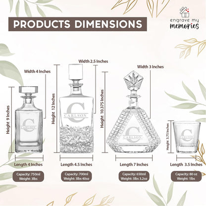 Personalized Rectangle Whiskey Decanter Set for Men 700ml Luxury Gift for Dad, Him, Boyfriend - Liquor Decanters with 2 or 4 Glasses for Birthday, Retirement, Weddings - 24 Engraved Design Options