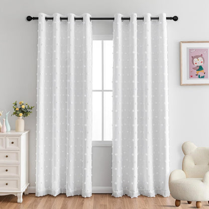 MYSKY HOME 100% White Blackout Curtains for Girls Bedroom 90 Inch Long Total Light Blocking Curtains for Living Room 2 Panels Room Darkening Grommet Window Drapes with White Pom Pom Sheer 52W x 90L