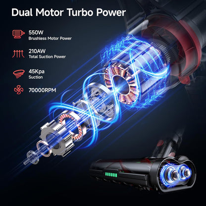 Cordless Vacuum Cleaner, 550W 45KPA Dual Motor Stick Vacuum for Home with 60mins Runtime, 6 LED Green Headlights, Self-Standing Design, V-Shaped Floor Brush for Carpet Tile Pet Hair Hardwood Floors