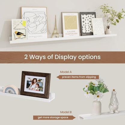 Picture Ledge Shelf, Solid Pine Wood Floating Shelves Set of 2, 40 Inches Nursery Book Shelves for Toys Storage, Kids Bookshelf Wall Mounted for Living Room Bedroom Decor Books Photo Frames, White