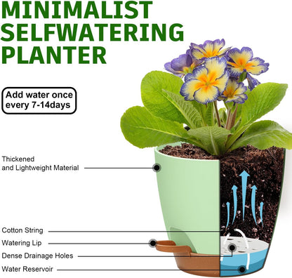 Uneed Indoor Self Watering Planters with Drainage Holes and Saucers, 7/6.5/6/5.5/5 Inch-5 Pots,for Indoor Plants, Herbs, Succulents-Green