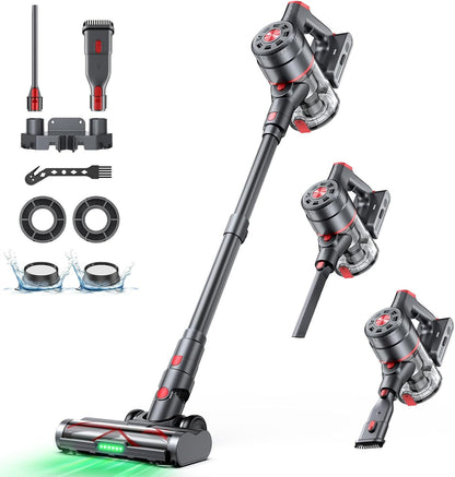 Cordless Vacuum Cleaner, 550W 45KPA Dual Motor Stick Vacuum for Home with 60mins Runtime, 6 LED Green Headlights, Self-Standing Design, V-Shaped Floor Brush for Carpet Tile Pet Hair Hardwood Floors
