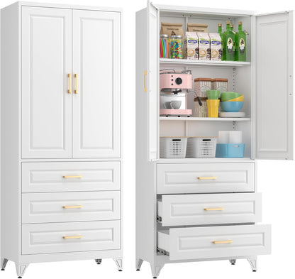 75" Kitchen Pantry Cabinet, Metal Storage Cabinets with Doors and Adjustable Shelves, White Tall Pantry Cabinet with 3 Drawers for Dinning Living Room