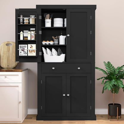 usikey 72” Kitchen Pantry Cabinet, Tall Storage Cabinet with 4 Doors and 1 Drawer, Freestanding Cupboard with 6 Hanging Shelves and Adjustable Shelves for Kitchen, Dining Room,Living Room, Black