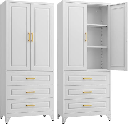 75" Kitchen Pantry Cabinet with 3 Drawer,Metal Storage Cabinets with Doors and 4 Adjustable Shelves,White Kitchen Cabinet with 2 Gold Handles,Food Cupboard for Livingroom,Pantry, Bathroom