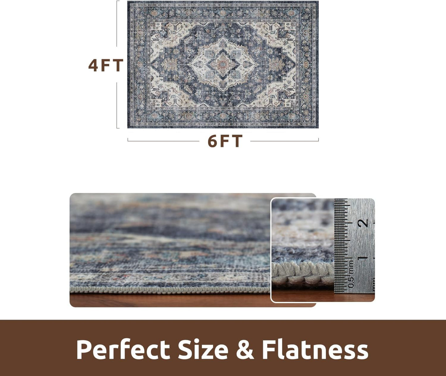 AMOAMI-4X6 Area Rugs for Living Room -Soft Vintage Bedroom Rugs-Non Slip Washable Rug-Throw for Living Room Bedroom Bedside Dining Room Office Blue