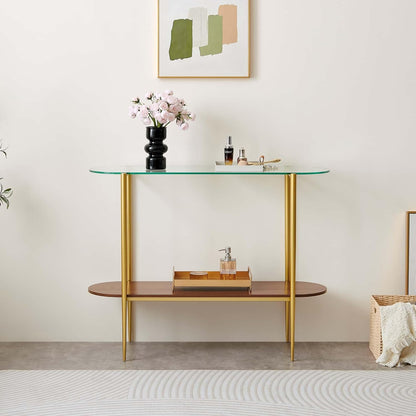 Oval Glass Console Table for Living Room, Foyer & Entrance, 2-Tiers Mid-Century Modern Sofa Table with Clear Glass Top, Walnut Finish Wood Shelf and Gold Finish Frame