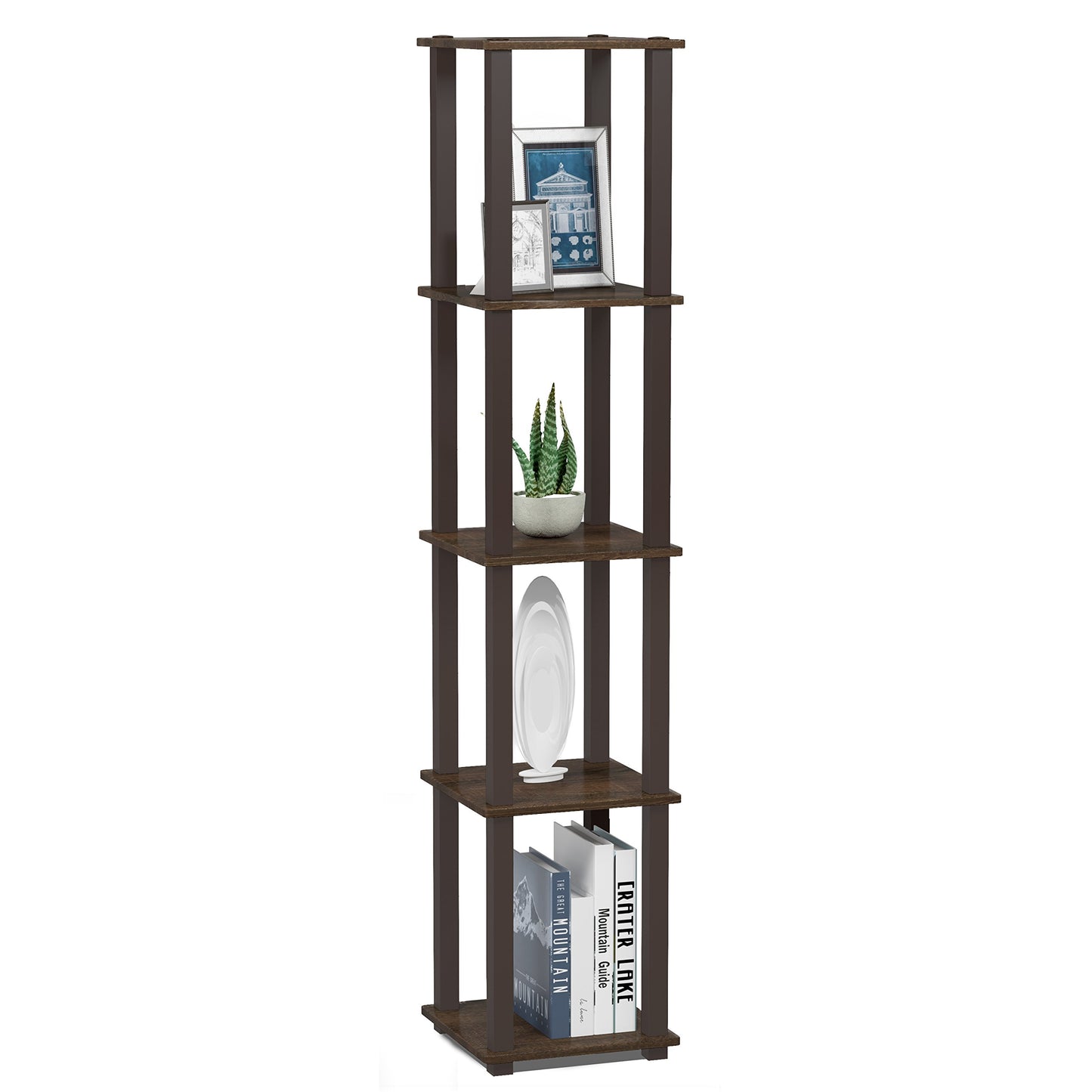 FURINNO Turn-S-Tube 5-Tier Corner Square Rack Display Shelf, Walnut/Brown