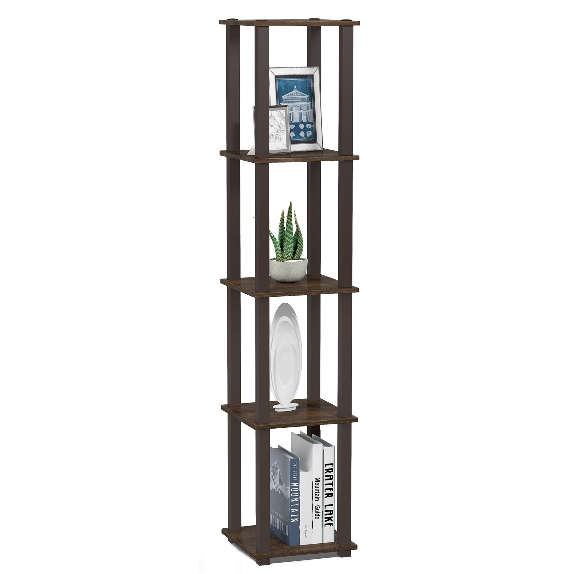 FURINNO Turn-S-Tube 5-Tier Corner Square Rack Display Shelf, Walnut/Brown
