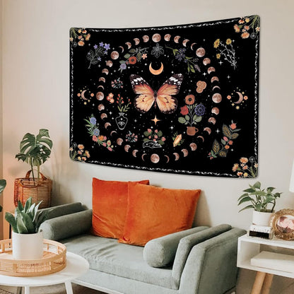 Fowocu Orange Butterfly Moon Flower Tapestry Boho Floral Plant Tapestries for Bedroom Aesthetic Tapastry's Wall Hanging Mandala Botanical Wall Tapestry for Living Room Dorm (Yellow, 48'' × 36'')