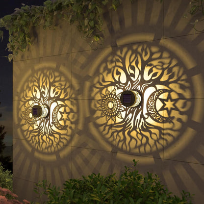 2 Pack Solar Fence Lights Metal Solar Powered Outdoor Wall Deck Step Lights Tree Theme Waterproof Fence Light for Garden Post Patio Backyard Yard Decor (Tree, 2 Pack)