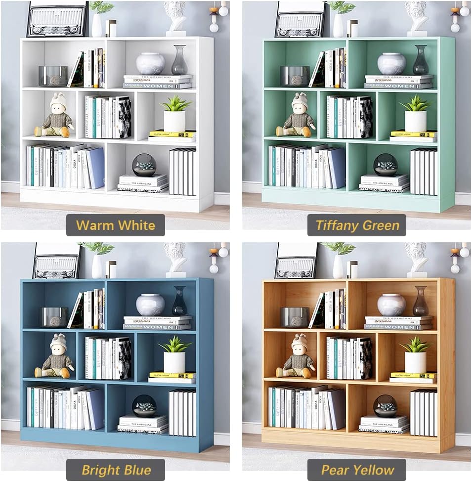 IOTXY Open Shelf Low Bookcase - Wooden 3-Tier Floor Standing Display Cabinet Organizer with Base, 7 Cubes Short Horizontal Bookshelf in Warm White