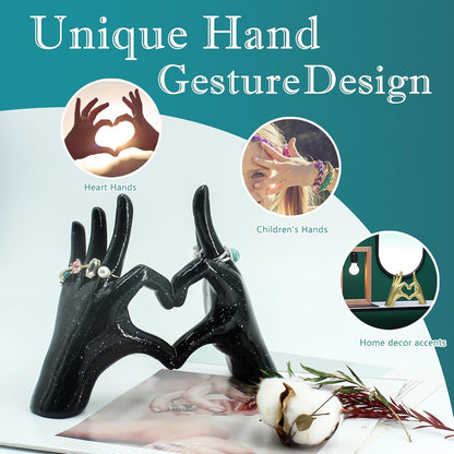 Accessoryway Black Heart Hands Decor Sculpture,Small Love Finger Gesture Decorative Sculpture for Wedding Dresser Shelves Desktop Knick Knacks Home Decor & Ring-Holder Display Stand