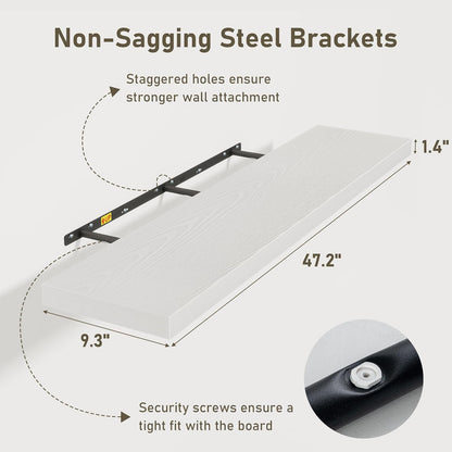 White Floating Shelves Wall Shelf 48 Inch, 8 Inch Deep Floating Shelf for Wall, Farmhouse Black Wood Shelves Invisible Bracket for Living Room, Bedroom, Kitchen, 48 x 9.3 x 1.4 Inch, Set of 2