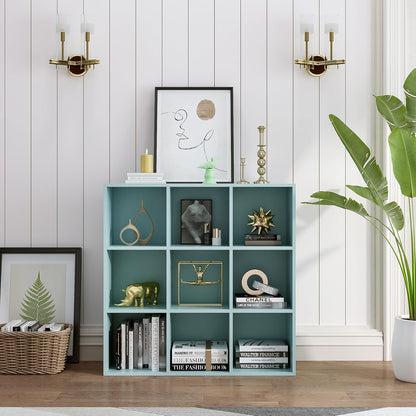 9-Cube Storage Shelf Bookcase - Wooden 3-Tier Floor Standing Open Bookshelf for Home and Office, Display Cabinet, Light Blue
