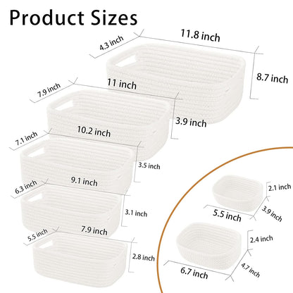 7 Piece Cotton Rope Woven Basket Set - Small Basket for Baby Nursery, Pets, Montessori, Dog & Cat Toy Boxes, Bathroom Organization Bins (White)