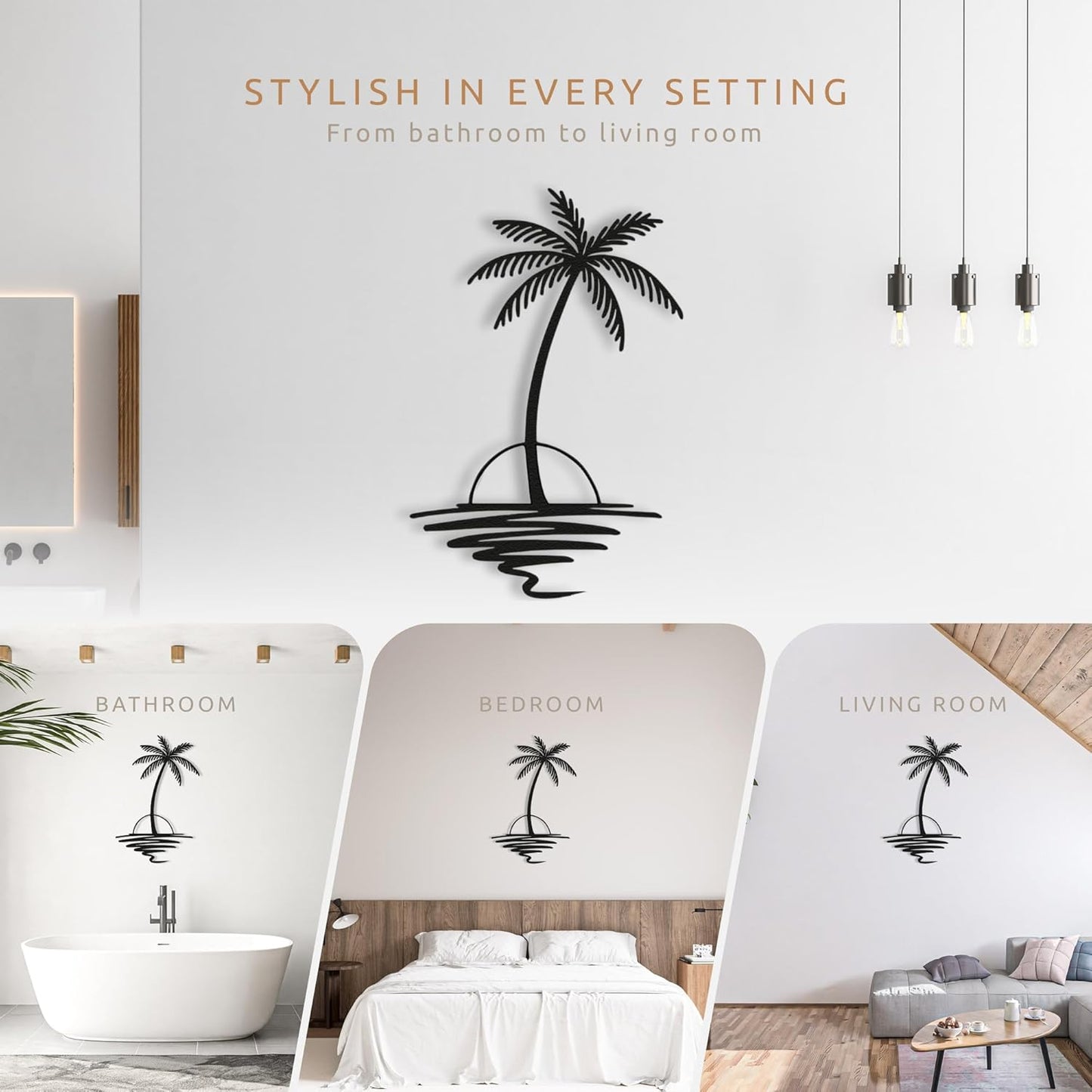 Metal Palm Tree with Sunset Wall Art, Large Outdoor Wall Decor, Tropical Beach Decor for Living Room, Bedroom, Garden Home Wall Sign, Perfect Metal Wall Art for Beach House (Black, 32 x 26 inches)