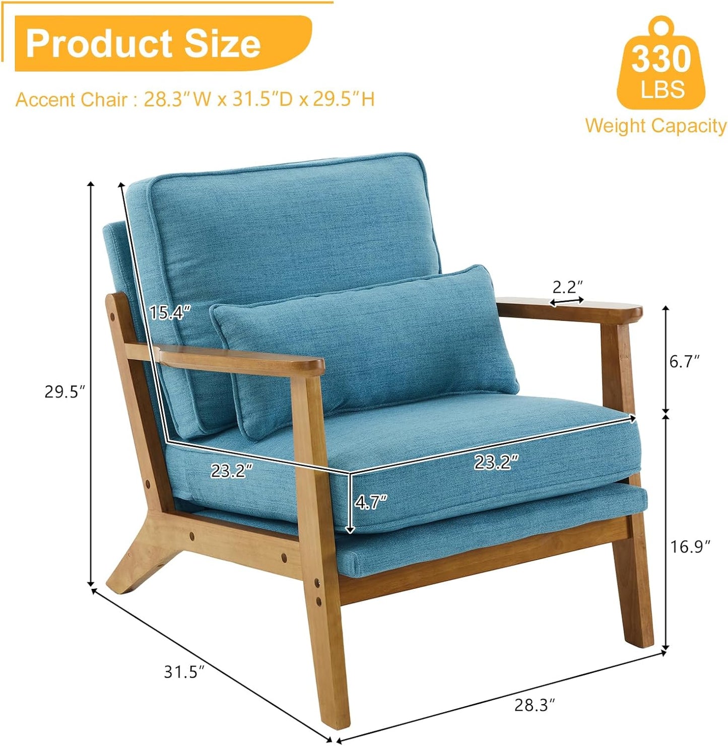 Karl home Accent Chair Wide Armrest Mid-Century Lounge Chair Linen Fabric Armchair with Lumbar Pillow & Solid Wood Frame for Living Room, Bedroom, Balcony, Cyan-Blue