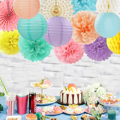 Pastel Rainbow Party Decorations Streamers - 14pcs Boy Girl Kids Birthday Supplies,Pink Yellow Blue Paper Lanterns Fan,Tissue Pom Poms,Honeycomb Balls, Baby Shower Wedding Decor Lasting Surprise