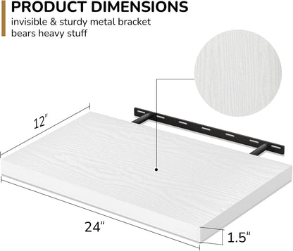 Fun Memories Floating Shelves - 2 Pack 12 Inch Deep Rustic Wooden Wall Shelves - Extra Deeper & Thicker Wall Mounted Storage Shelf for Living Room, Kitchen, Farmhouse - 24" W x 12" D x 1.5" H - White