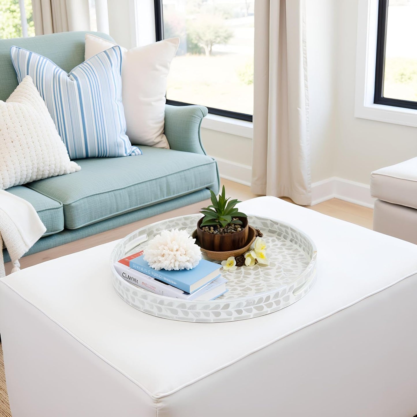 CLAYNIX Serving Tray 12.5 Inch, Lacquer Mother of Pearl Inlay Mosaic Tray, Round Wooden Marble Tray with Handles Trays for Tea, Breakfast (White)